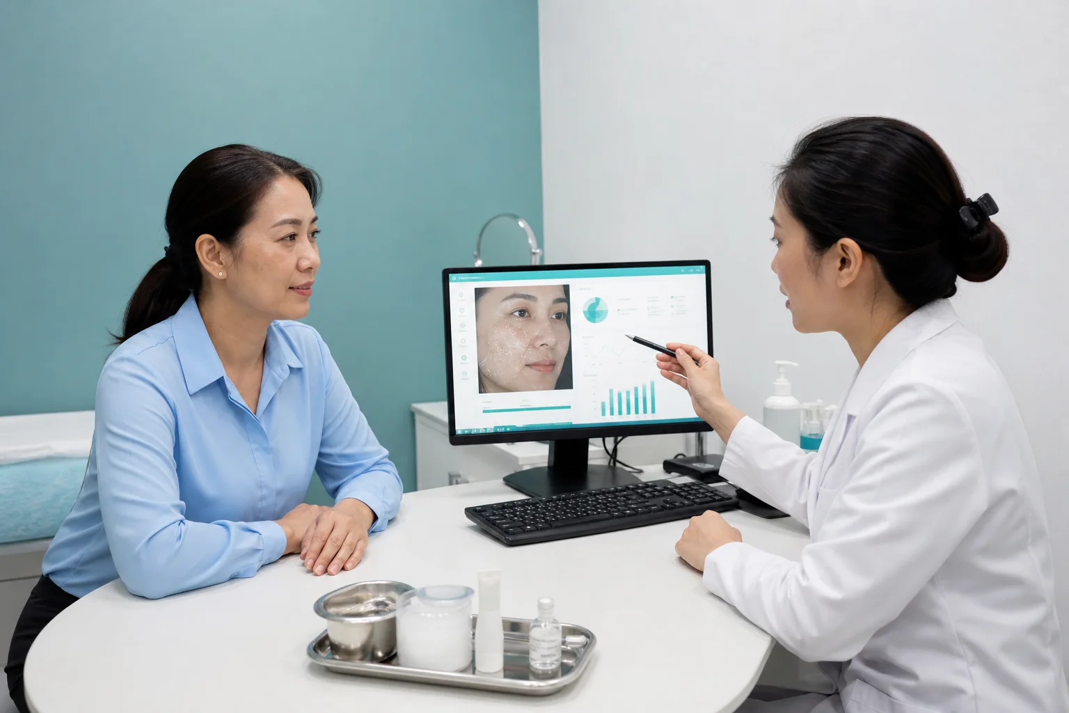 Khách nữ được giải thích kết quả đánh giá da có AI hỗ trợ trong phòng tư vấn thực tế.