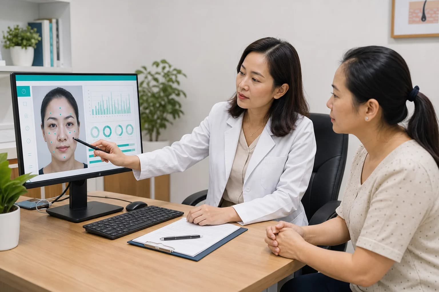 Chuyên môn giải thích kết quả đánh giá da cho khách trước khi tư vấn hướng phù hợp.