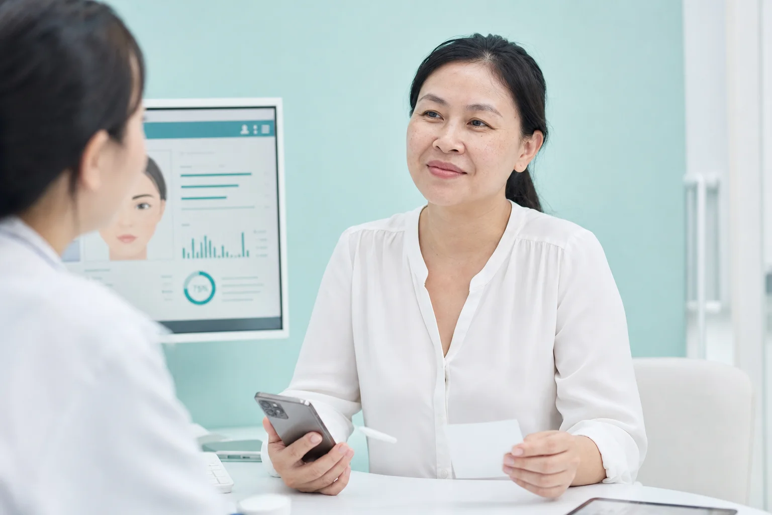 Khách đặt lịch đánh giá da sau khi hiểu rõ quy trình tư vấn.