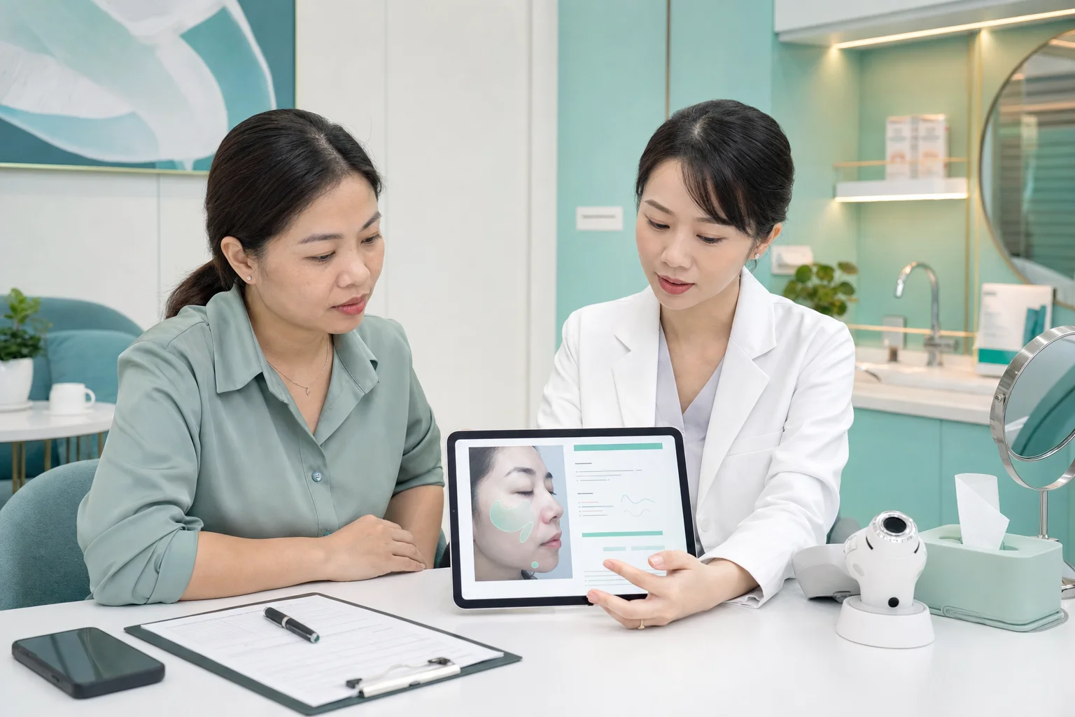 Khách xem hồ sơ da tham chiếu trên tablet cùng chuyên môn.