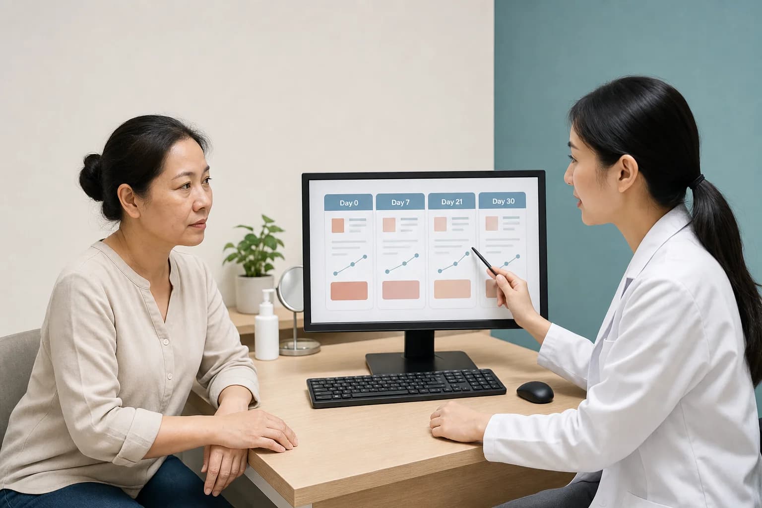 Nữ khách hàng xem lại các mốc theo dõi 30 ngày đầu cùng chuyên môn.
