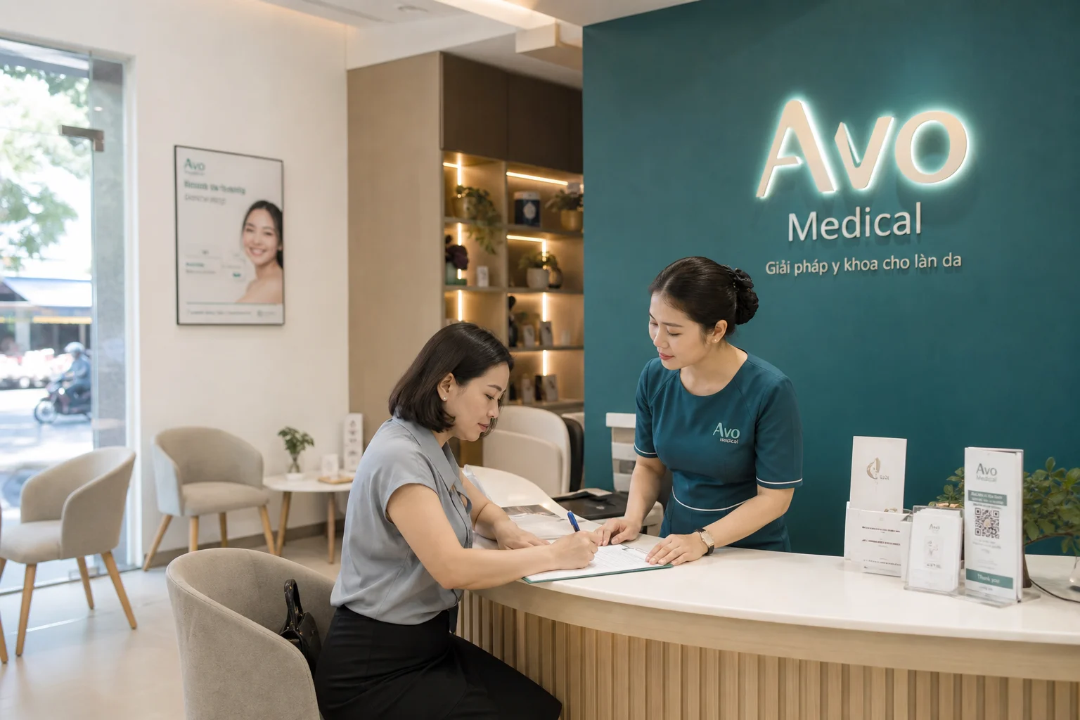 Khu tiếp nhận sạch, gọn, giúp khách được hướng dẫn trước khi vào tư vấn.