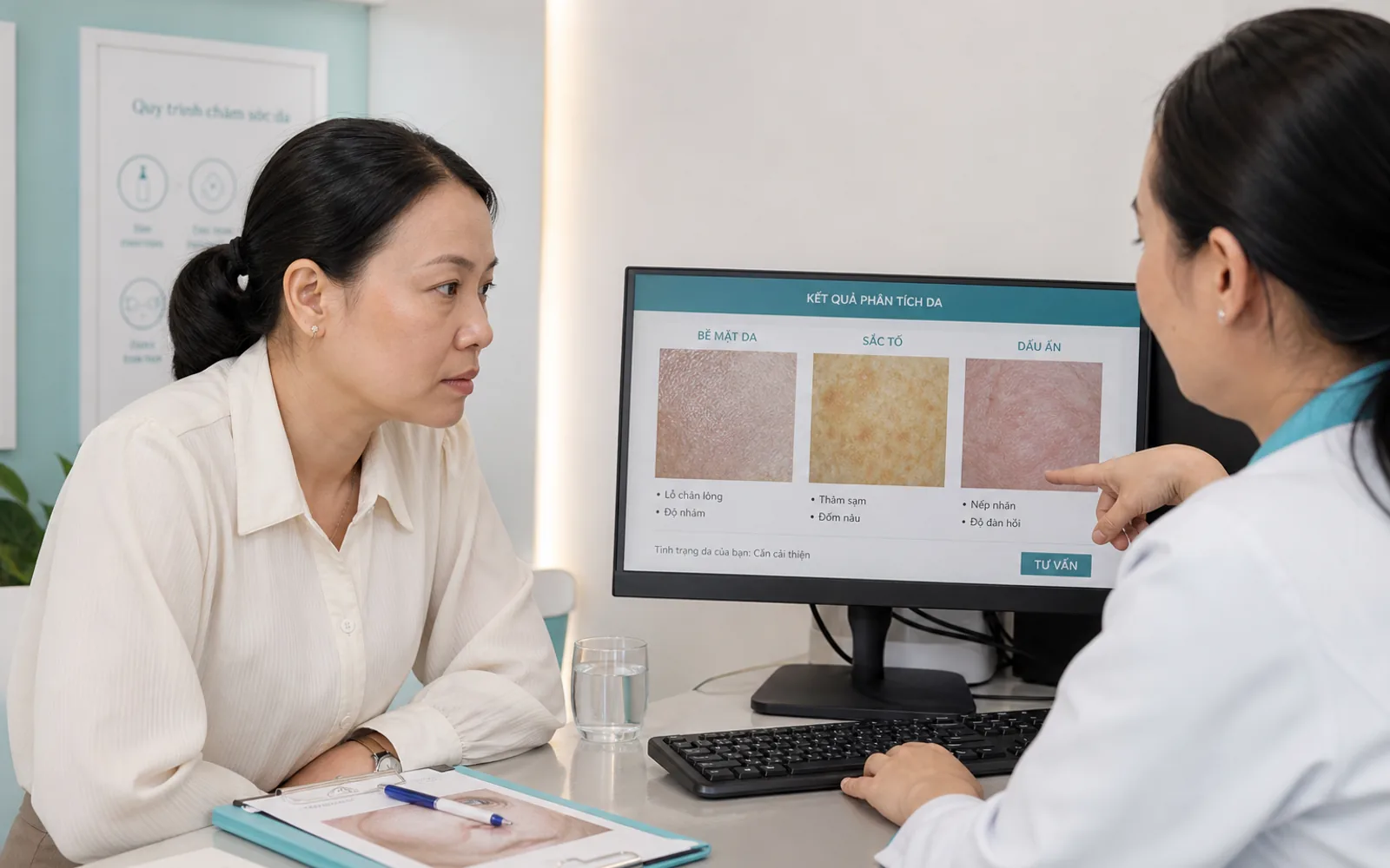 Bác sĩ giải thích kết quả đánh giá da tại phòng khám Avo Medical.