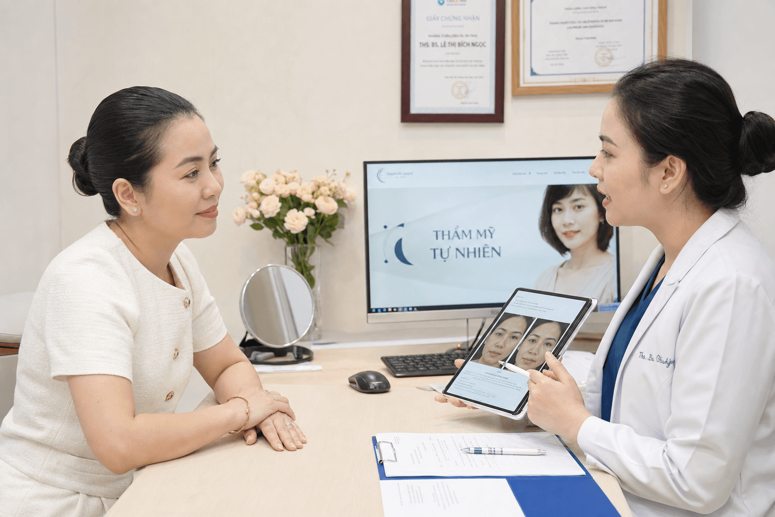 Chuyên môn giải thích kết quả trên tablet, khách hàng lắng nghe trong phòng khám sáng — không ép chọn liệu trình tại Avo Medical