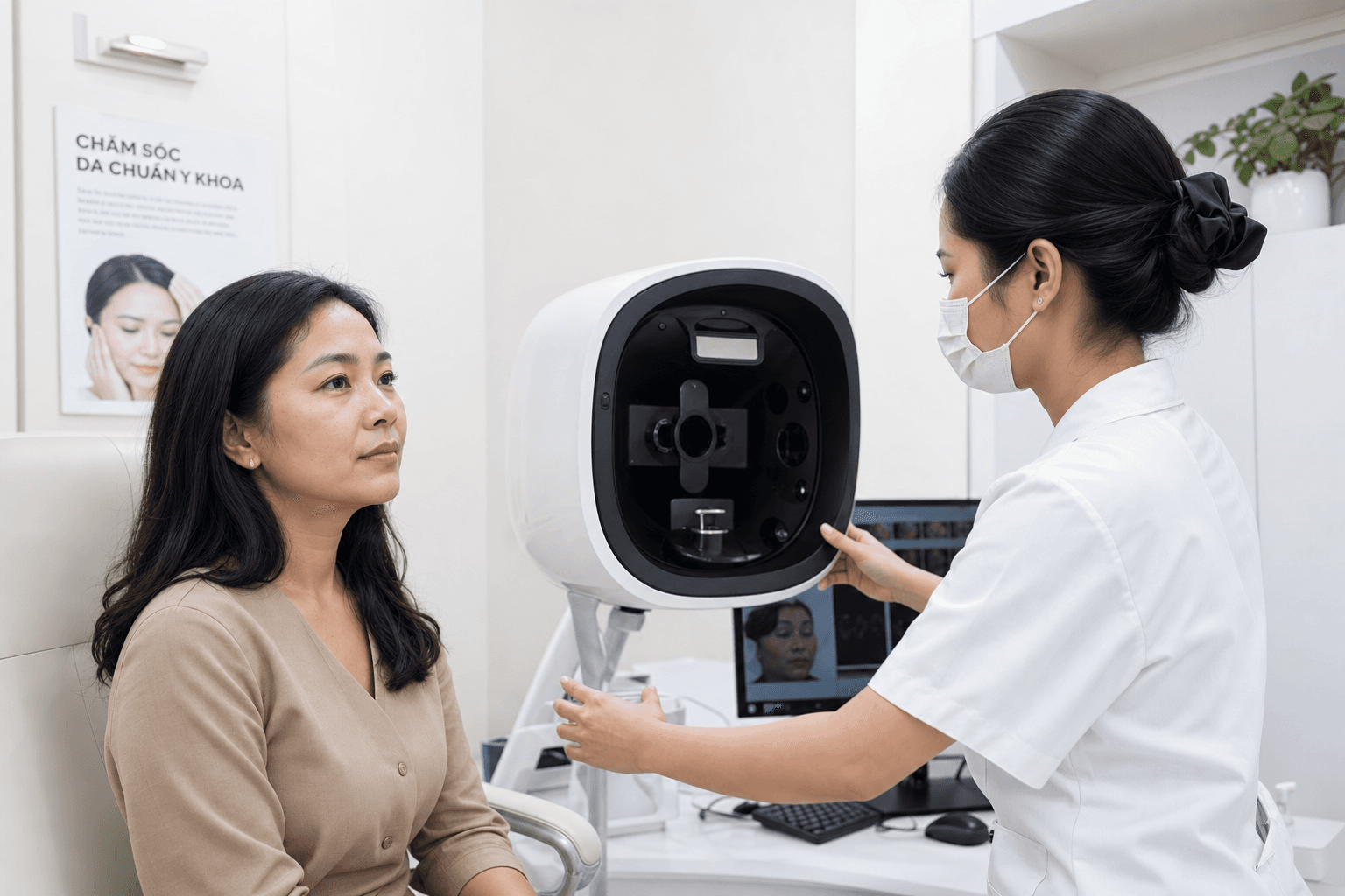 Phụ nữ khoảng 40 tuổi được kiểm tra da có thiết bị hỗ trợ trong phòng khám tại Avo Medical — kết quả tùy tình trạng từng người
