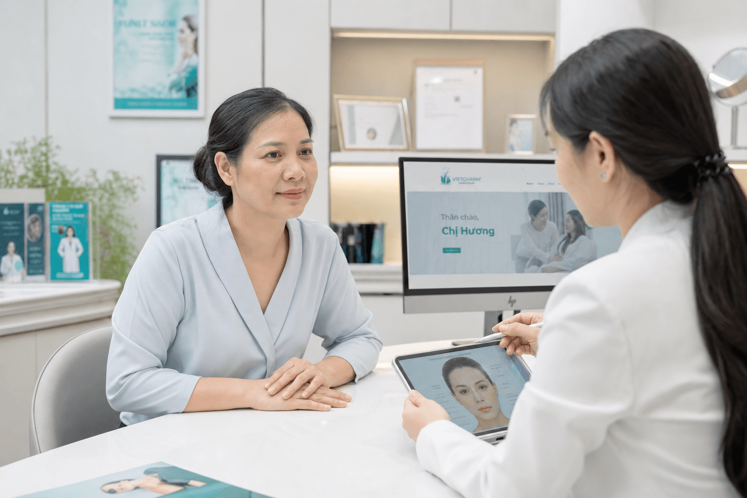 Phụ nữ khoảng 40 tuổi tại phòng khám sáng, chuyên môn giải thích kết quả kiểm tra da trên tablet trong buổi tư vấn tại Avo Medical — kết quả tùy tình trạng từng người