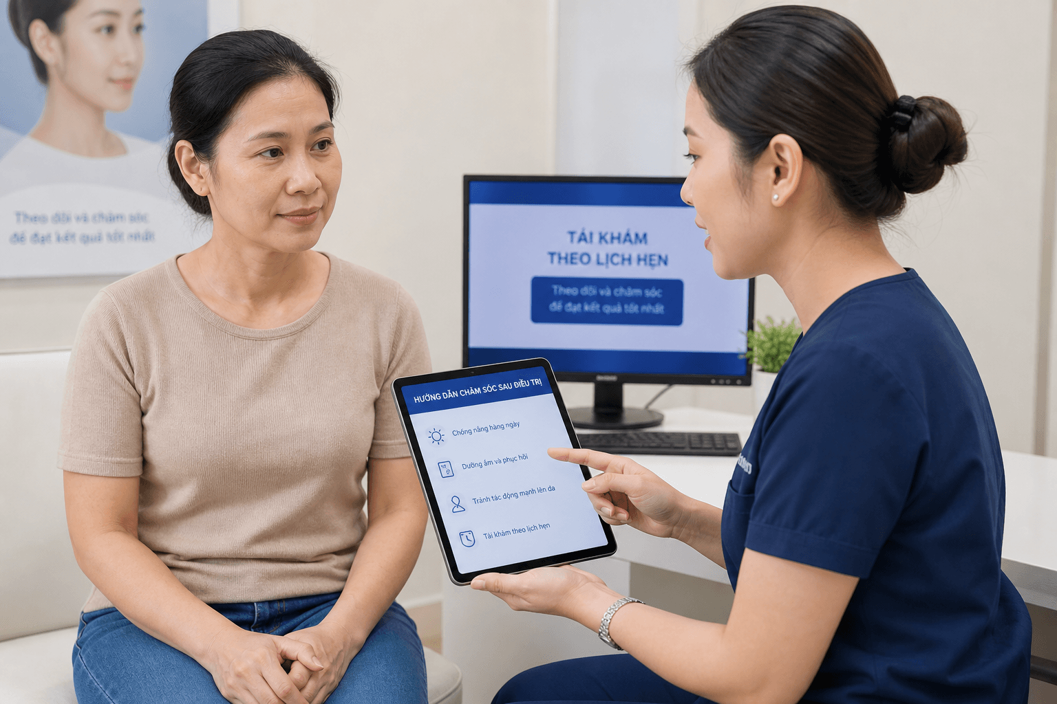 Buổi theo dõi: chuyên môn hướng dẫn chăm sóc sau can thiệp trên tablet tại Avo Medical