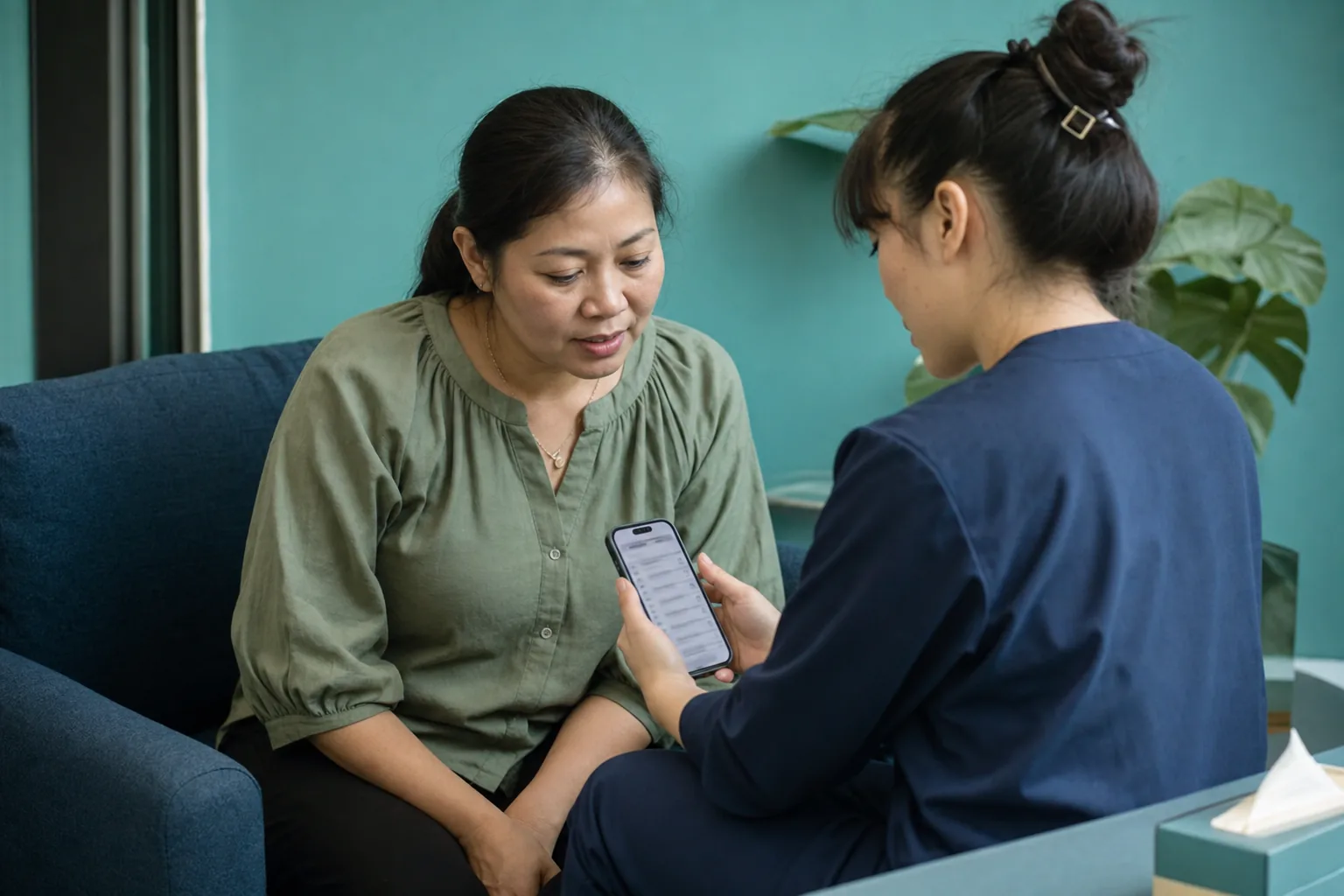 Nhân viên hướng dẫn khách hàng cách chăm sóc và theo dõi sau buổi tư vấn hoặc can thiệp.