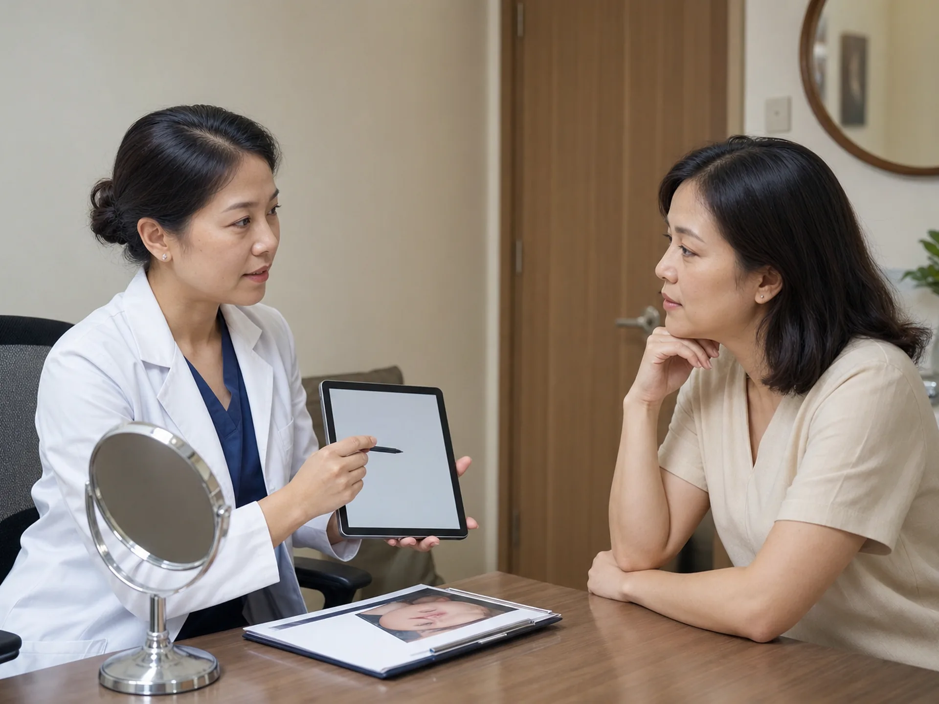Bác sĩ/chuyên môn giải thích kỳ vọng điều trị RF cho khách hàng nữ