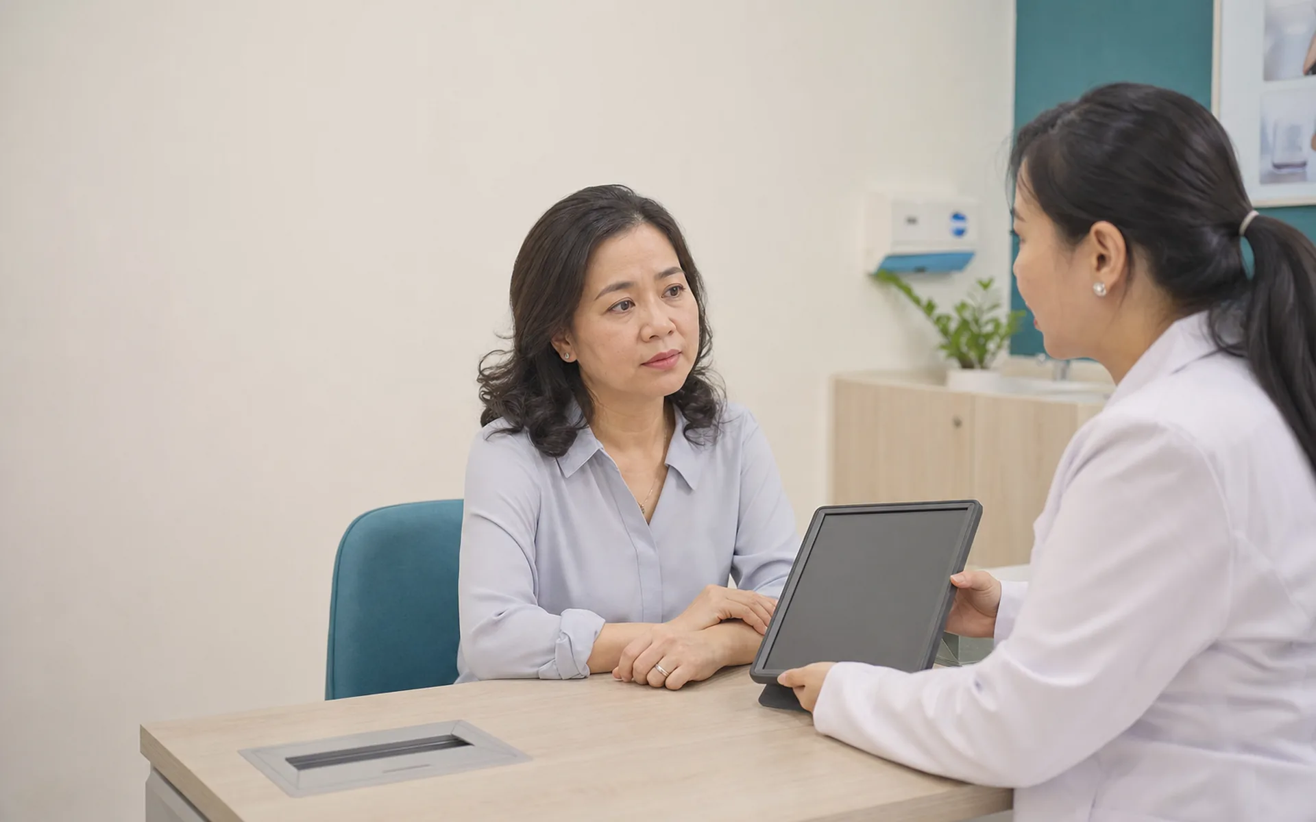 Khách hàng nữ Việt Nam khoảng 40 tuổi được bác sĩ/chuyên môn tư vấn liệu pháp RF trẻ hóa nâng cơ trong phòng khám