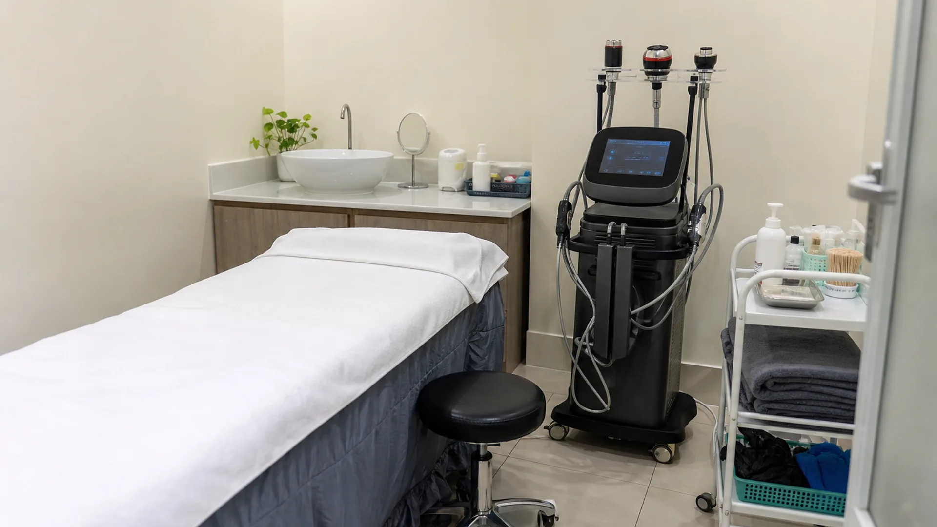 Phòng điều trị RF sạch sẽ với máy và giường điều trị