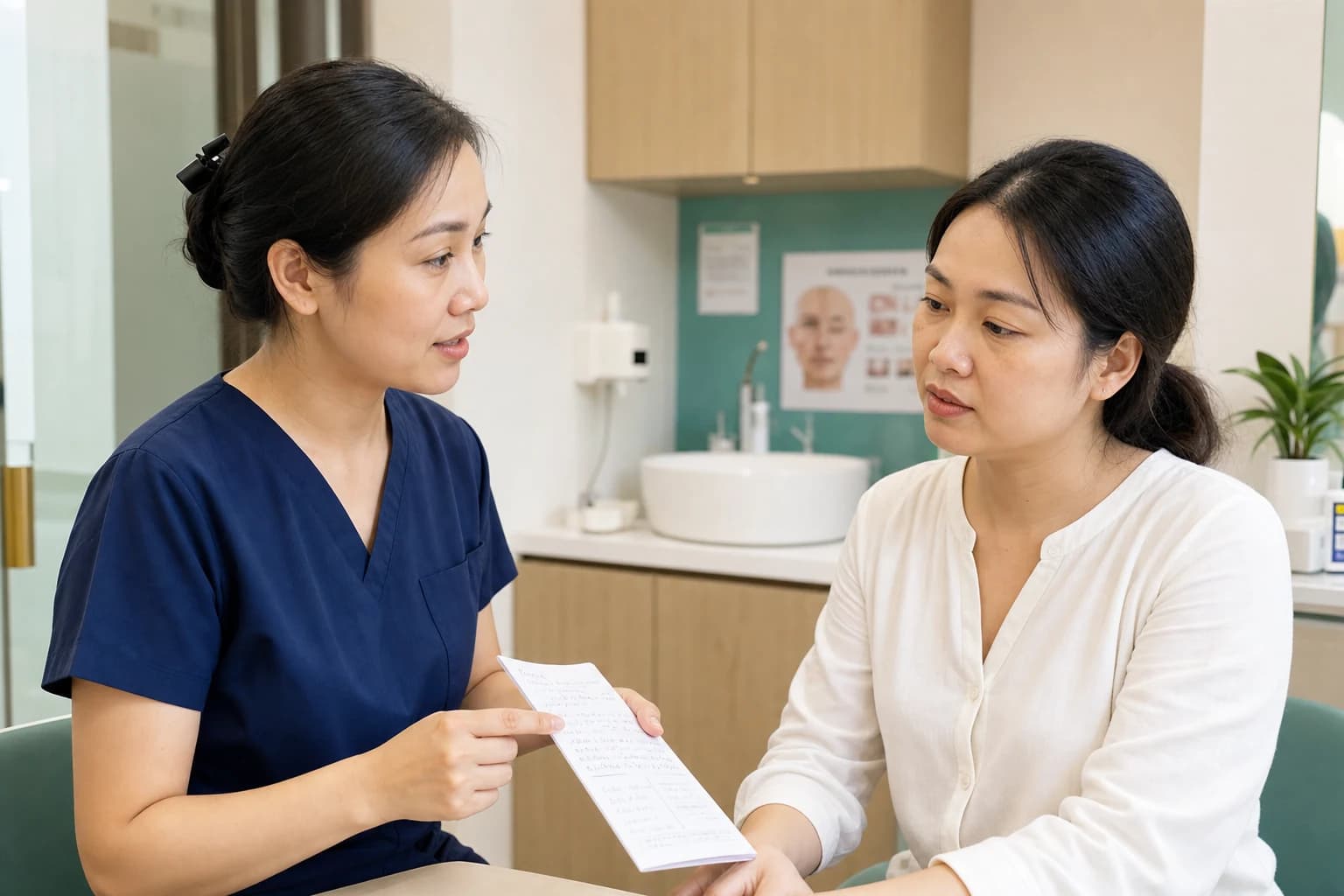Bác sĩ tư vấn cho khách nữ Việt Nam tại TP.HCM trong phòng khám sạch, đơn giản và dễ tạo cảm giác tin tưởng