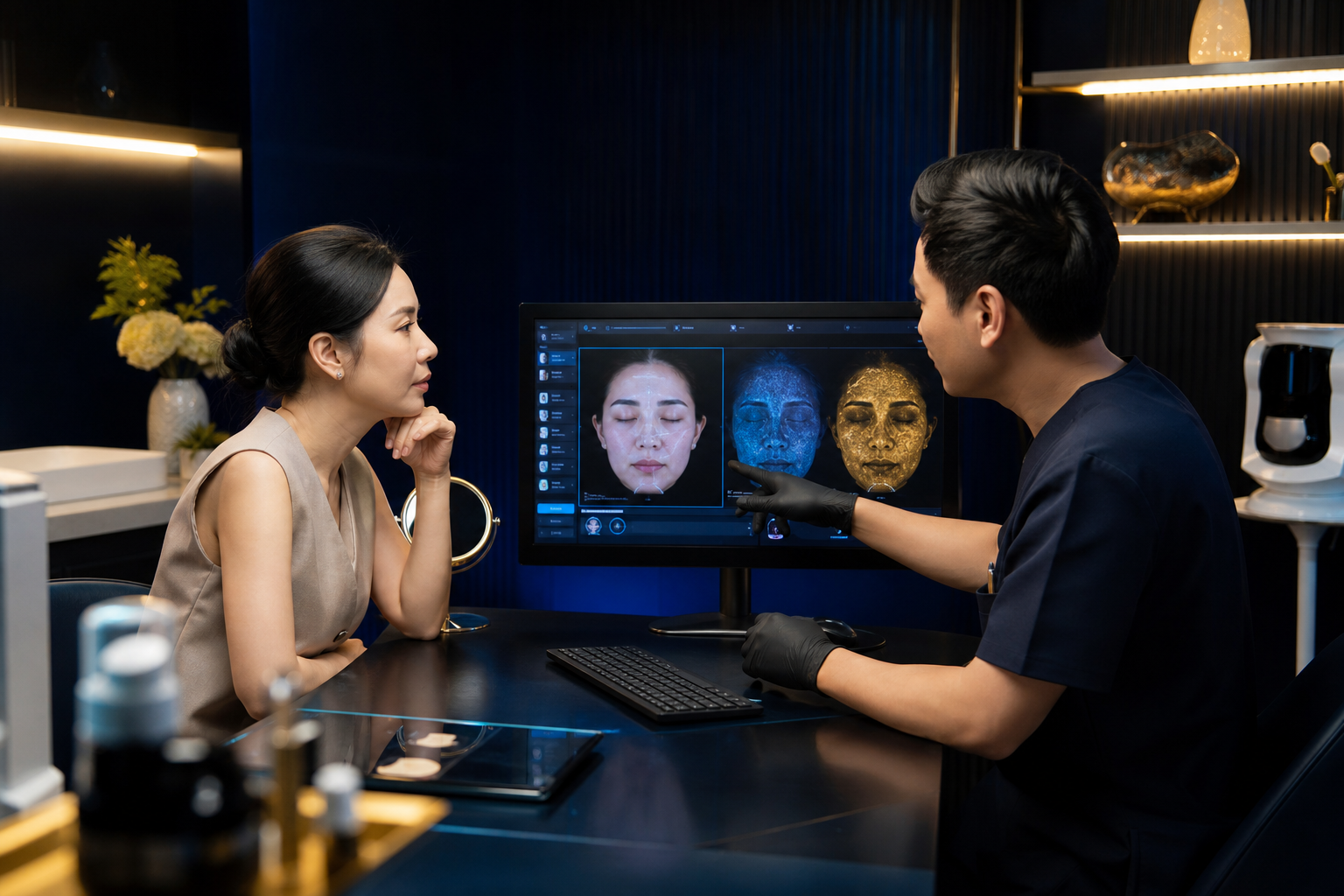 Buổi tư vấn với màn hình phân tích da — hình ảnh minh họa AI